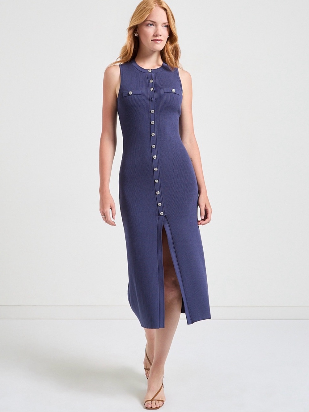 Sleeveless Button-Front Midi Dress in Navy